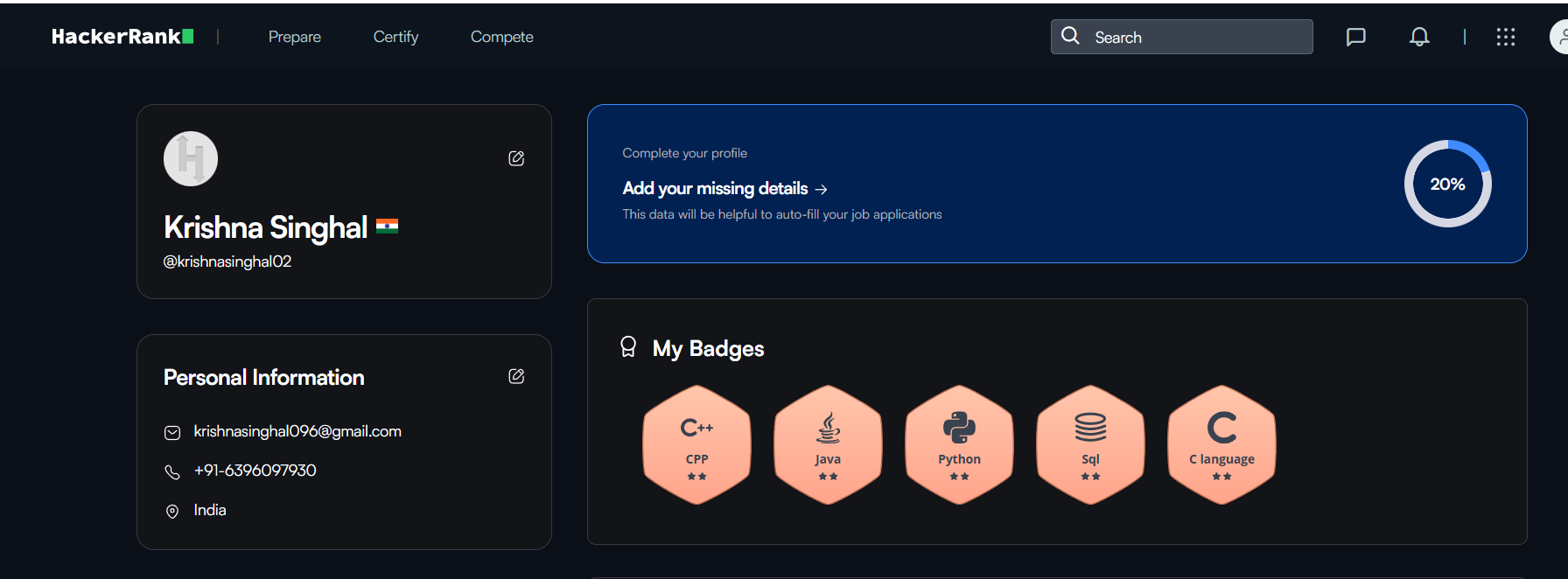 HackerRank profile — Krishna Singhal